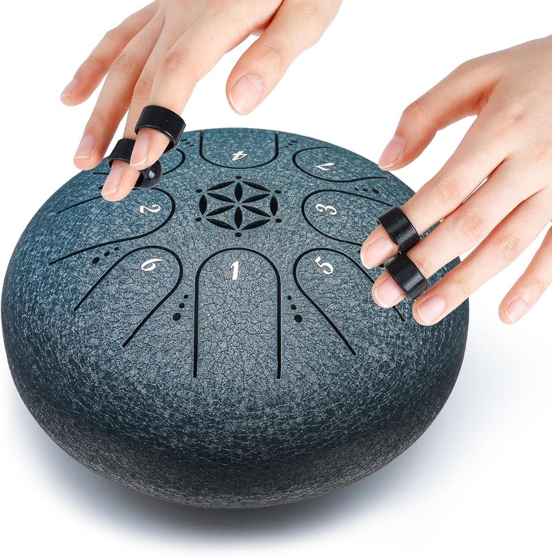 PUJONI Steel Tongue Drum, 6 Inch 8 Notes Percussion Instruments with Music Book, Mallets, Carry Bag, Finger Picks, Gifts for Beginners Musical Education & Adults Relaxation Meditation (Navy) - Image 3